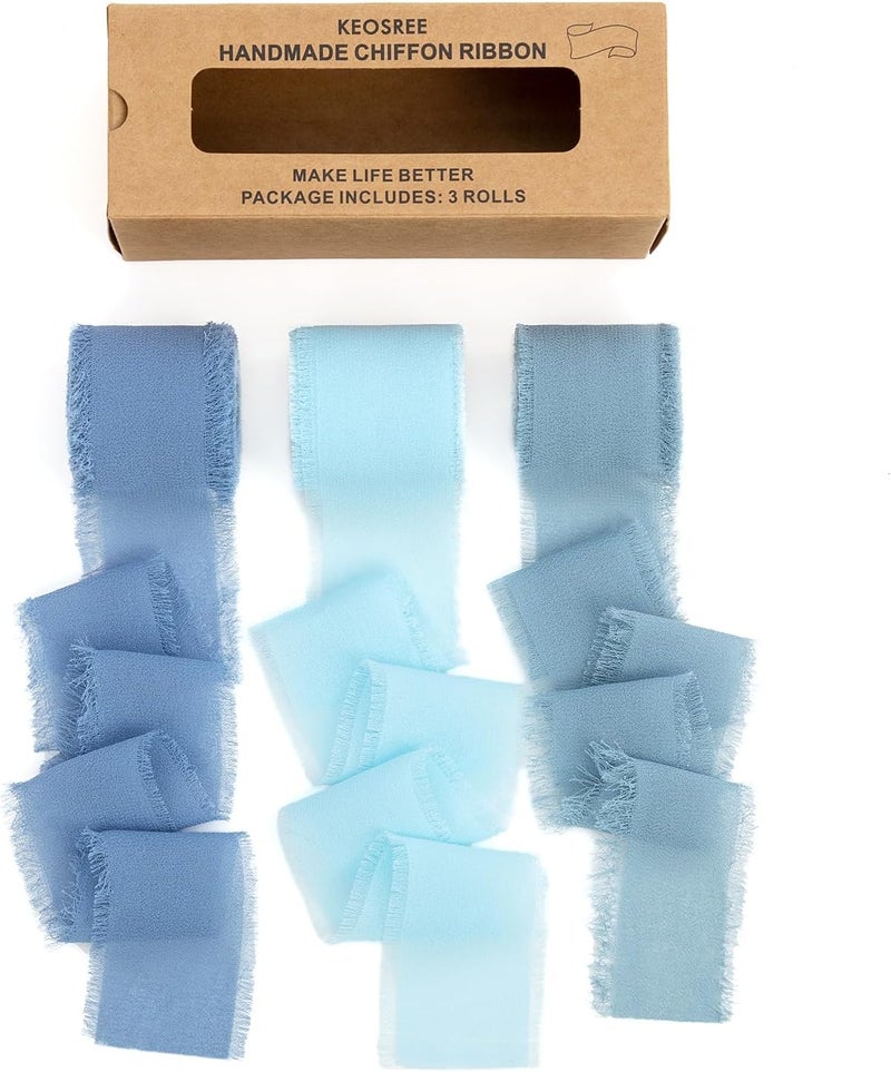 KEOSREE Baby Blue Dusty Blue Handmade Chiffon Ribbon,1.5" x 21Yd Frayed Silk Ribbons for Wreaths Bridal Flower Bouquet Christmas Gift Wrapping Wedding Decor Invitations Decorations (7Yards X 3 Rolls) - Image 1